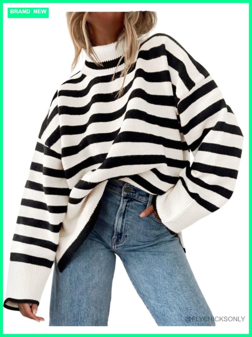 Turtleneck Striped Oversized Pullover Sweater Side Slit Loose Fit